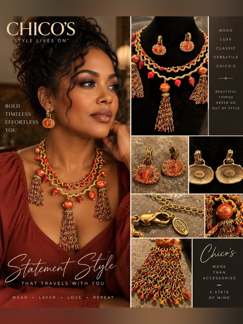 Chico’s Red Orange Gold Tone Multi Strand Tassel Necklace Earrings Set